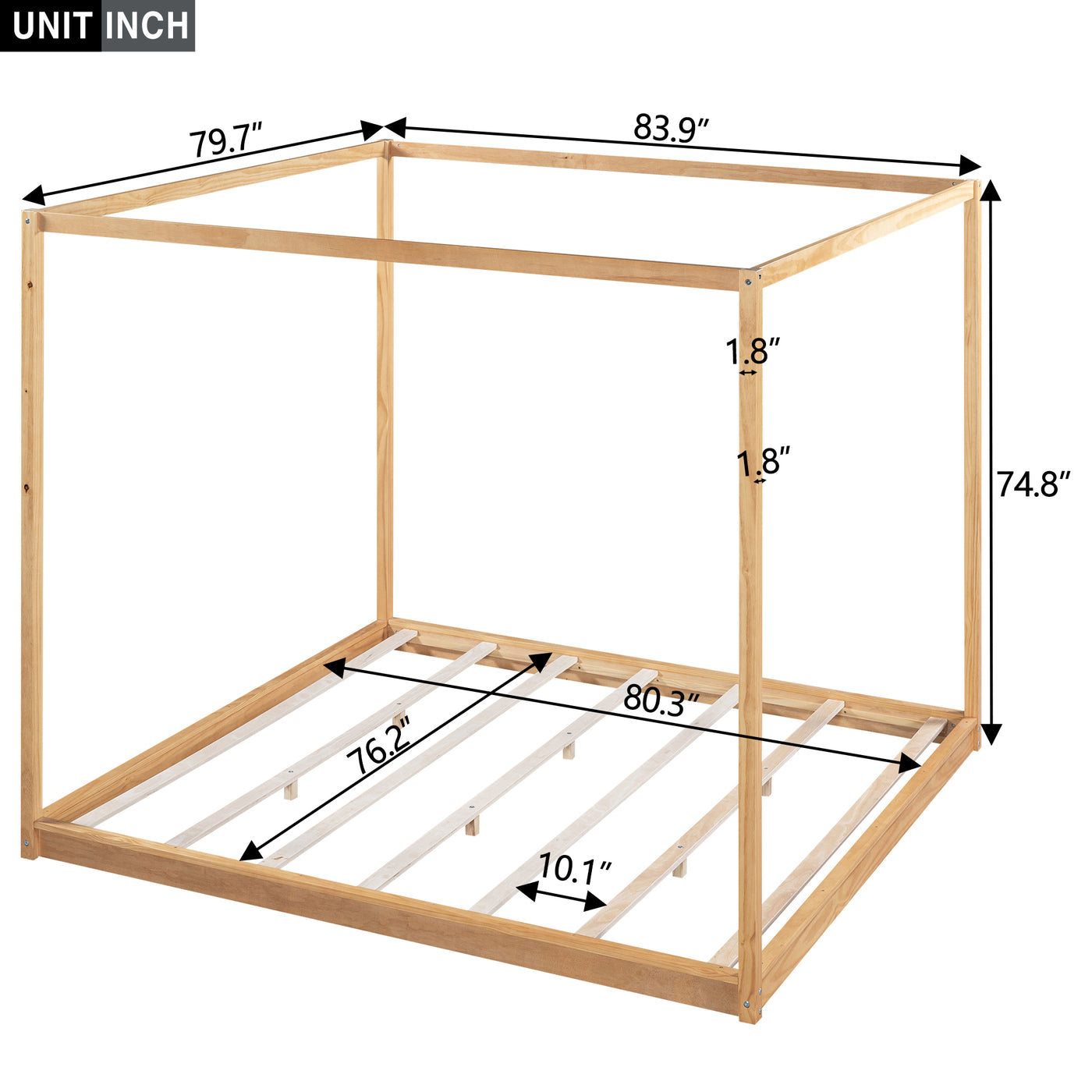 Beatrix King Size Canopy Platform Bed with Support Legs, Natural