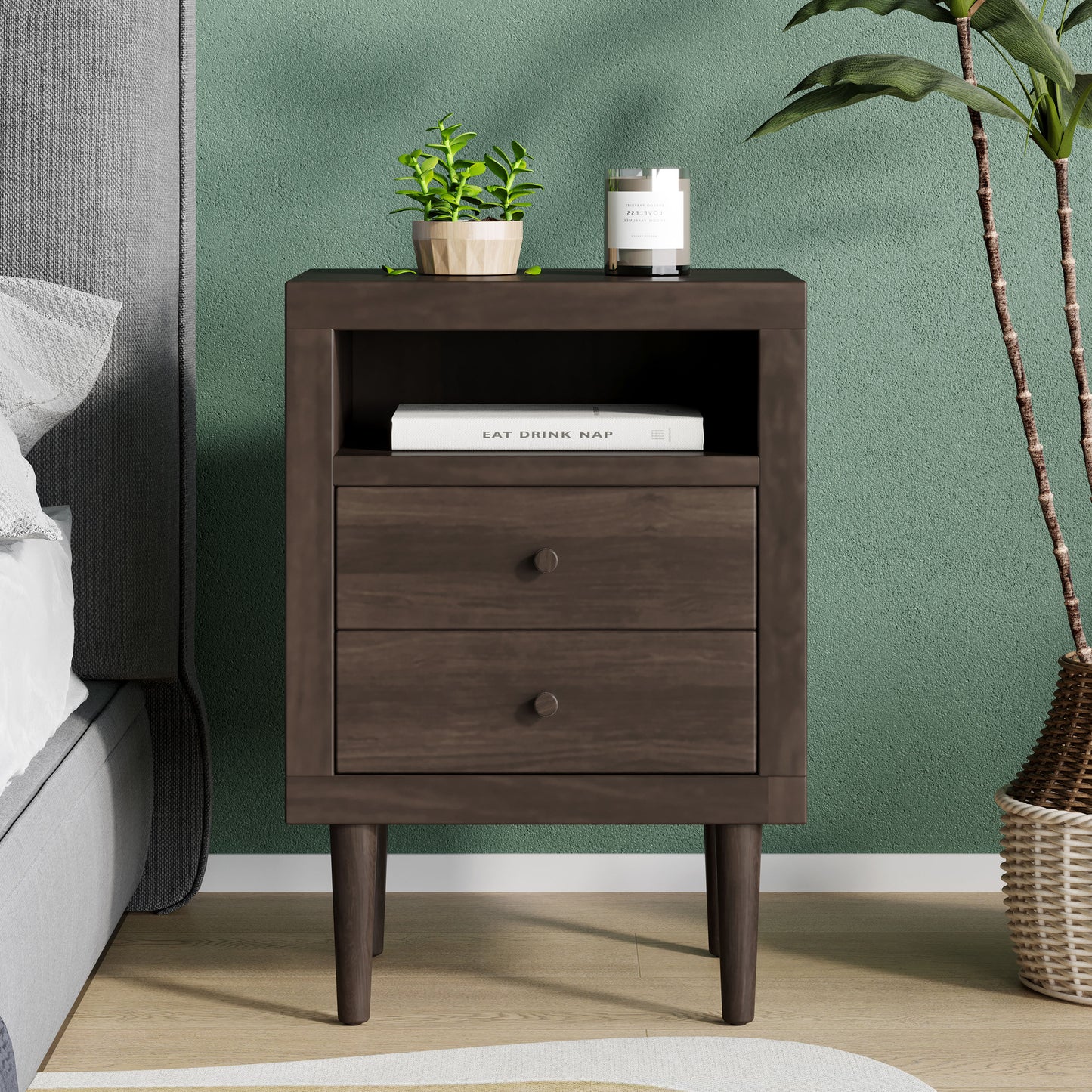 Priscilla Mid-Century Modern 2-Drawer Nightstand - Walnut