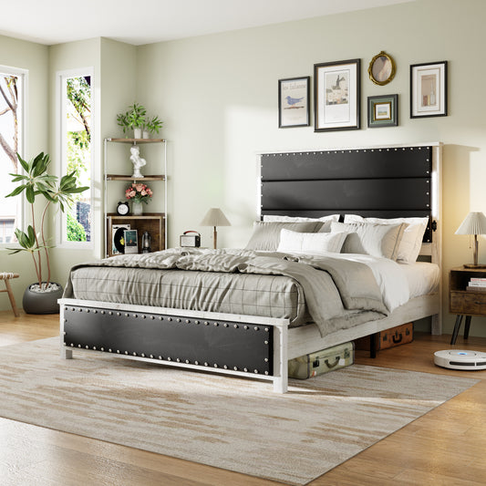 Cyra Modern Queen Platform Bed with Storage & LED Lights - Dark Gray & White
