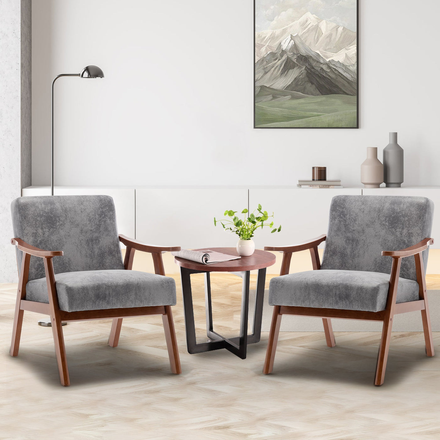 Lyraea Mid-Century Modern Grey Fabric Wingback Accent Chair