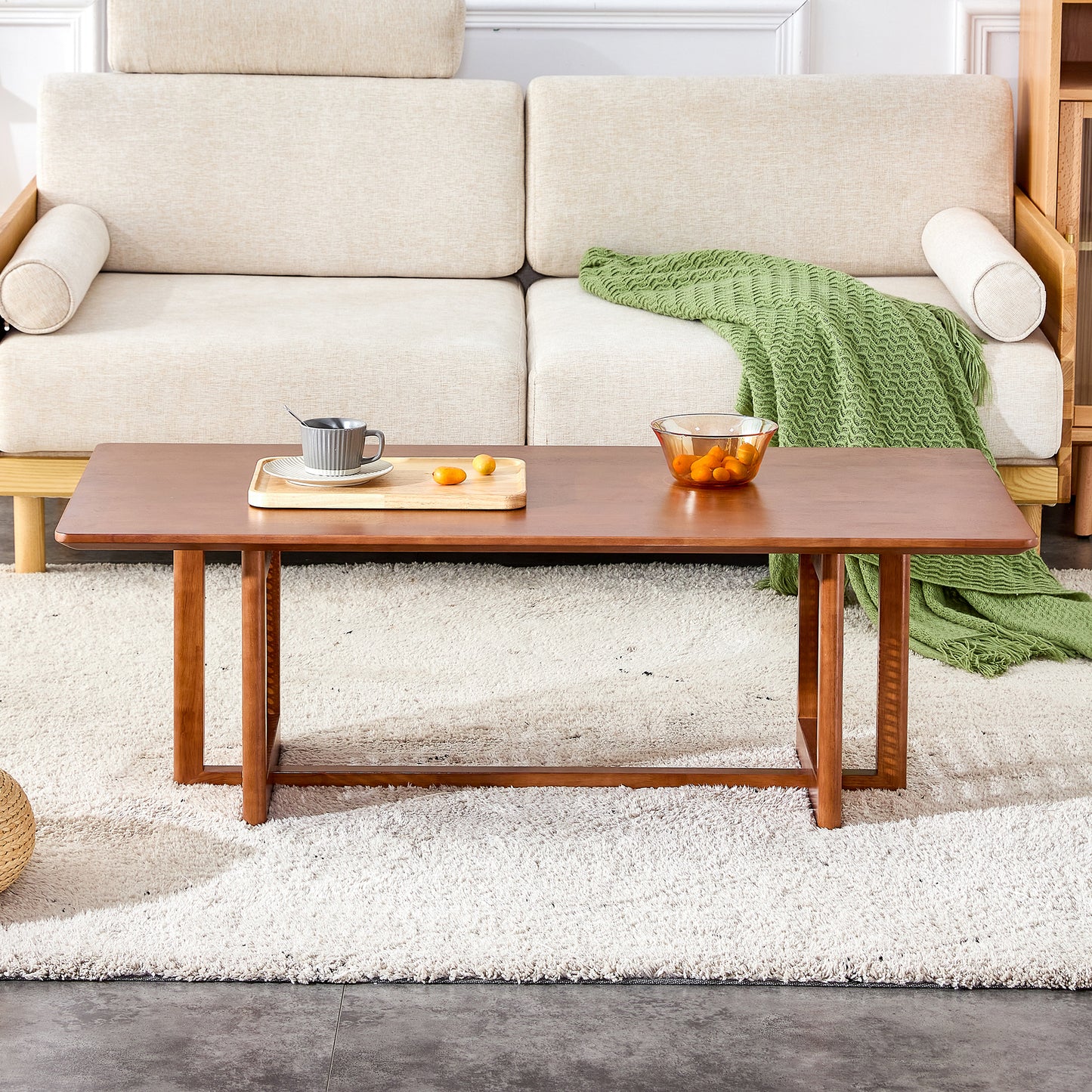 Marshal Mid-Century Modern Coffee Table with Rattan Legs, Walnut