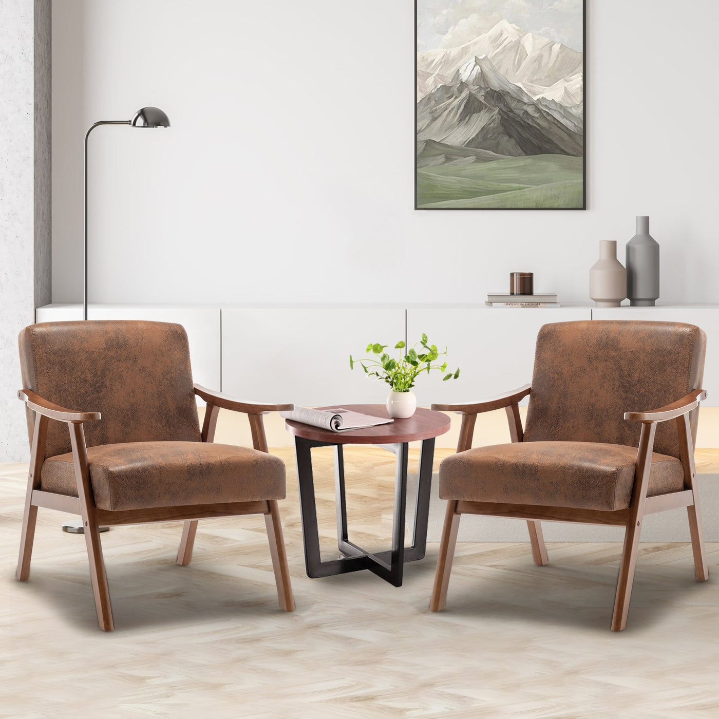 Lyraea Mid-Century Modern Brown Fabric Wingback Accent Chair