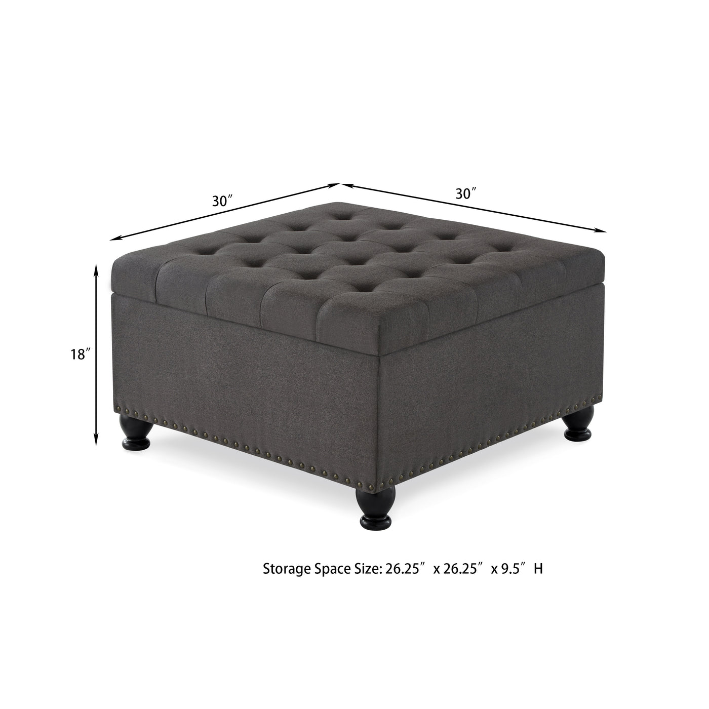 Trent Traditional Linen Storage Ottoman with Turned Feet - Dark Gray