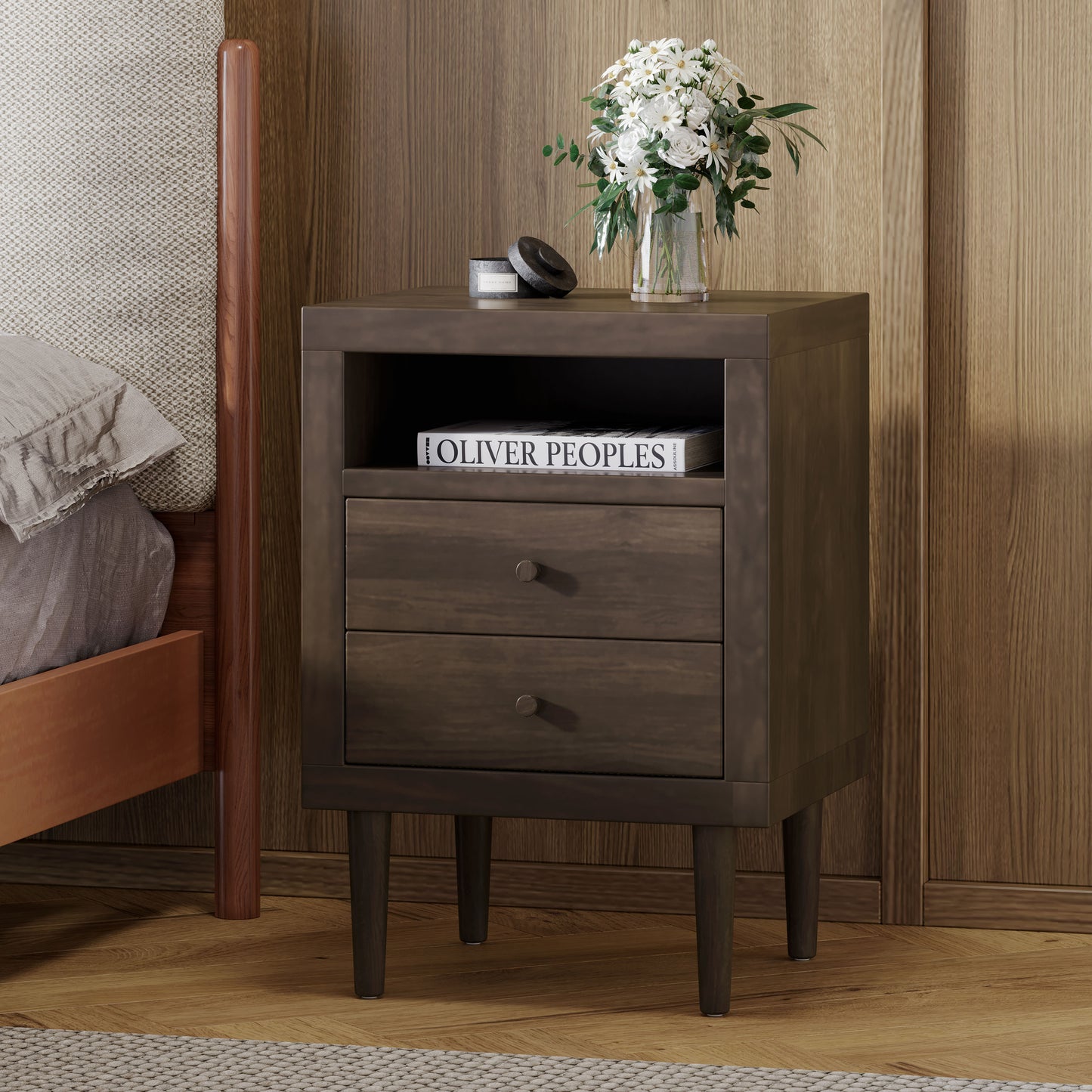Priscilla Mid-Century Modern 2-Drawer Nightstand - Walnut