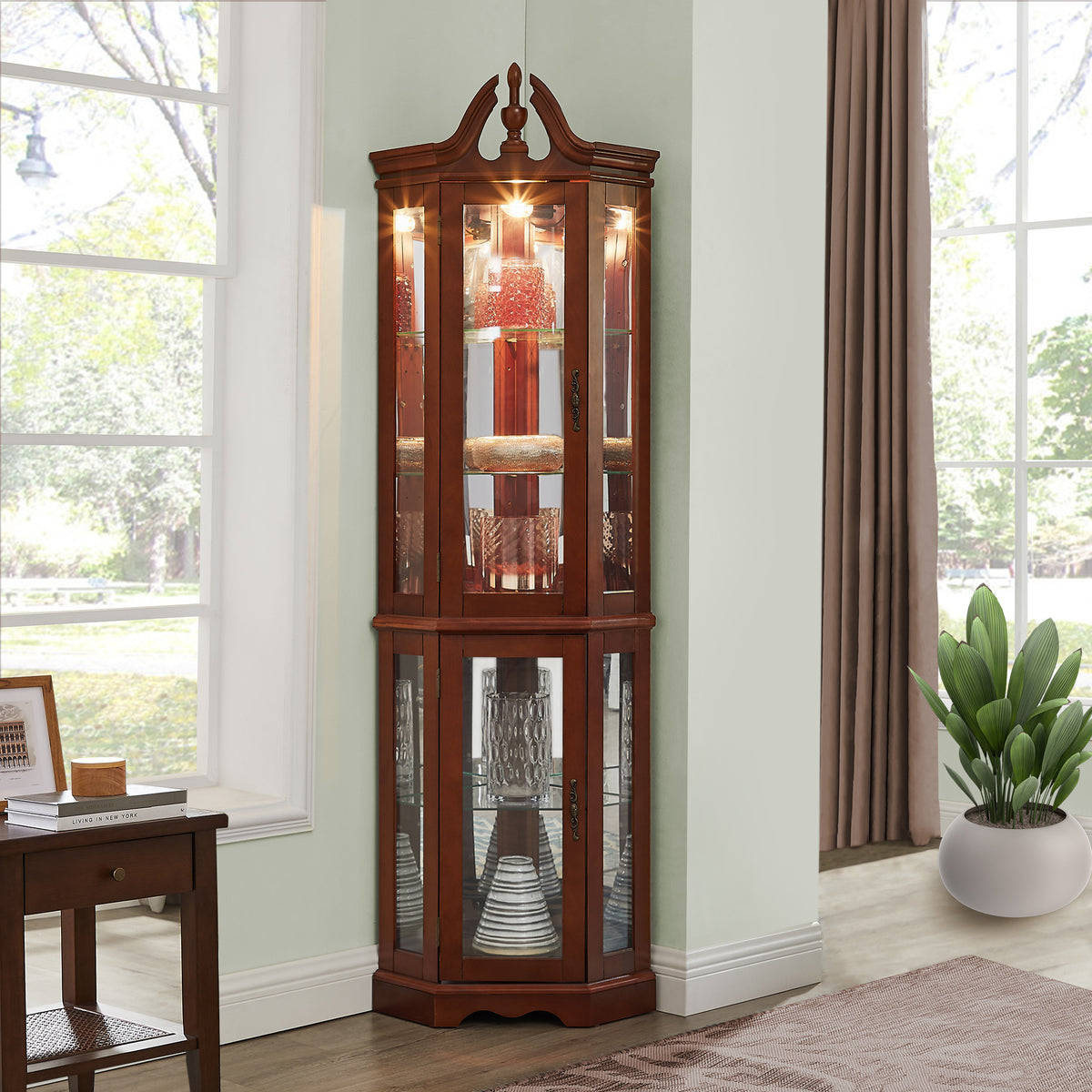 Agatha Traditional Curio with Adjustable Shelves & Mirror Back, Walnut