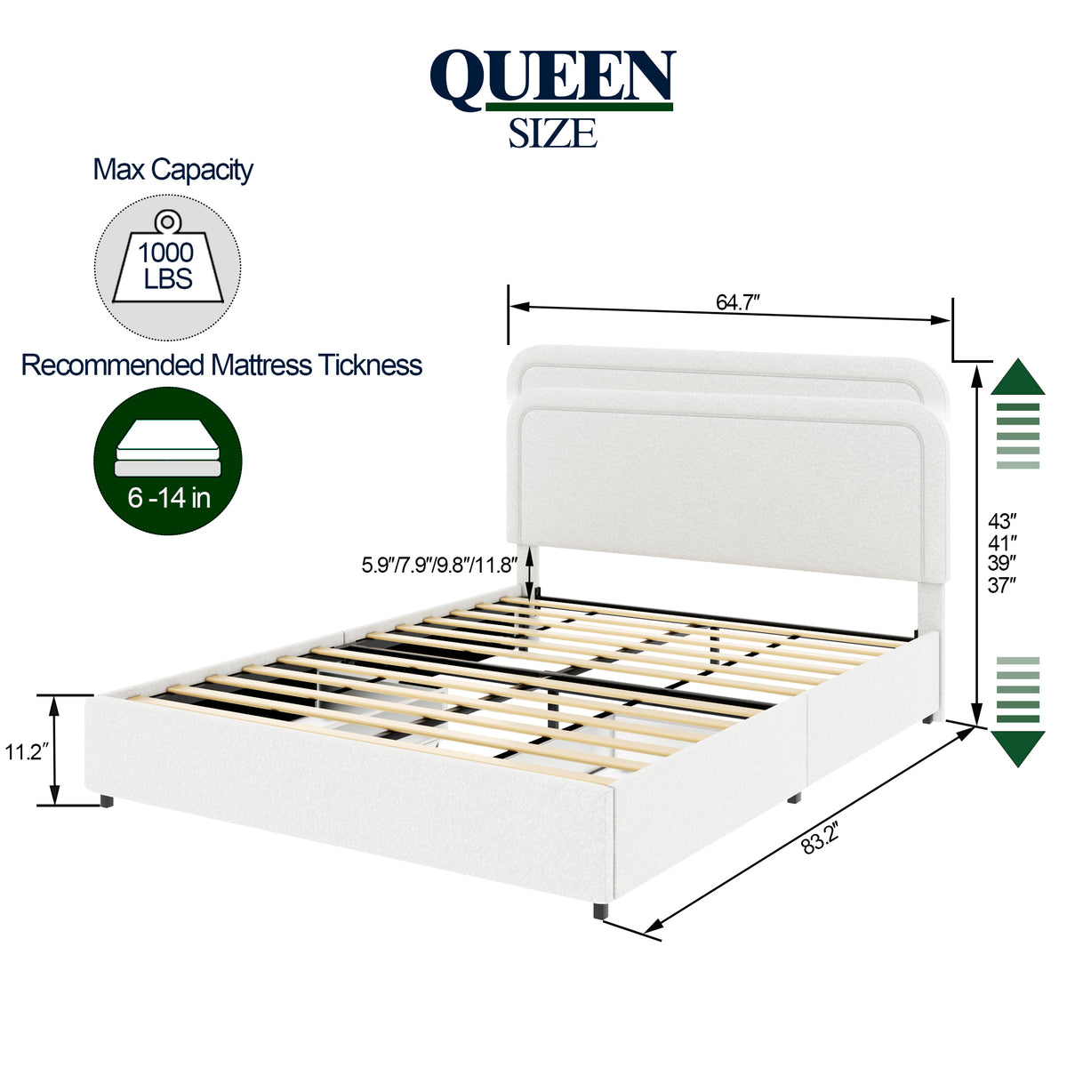 Lilly Patented 2-Drawers Storage Bed Queen Size Ivory Boucle Upholstered Platform Bed