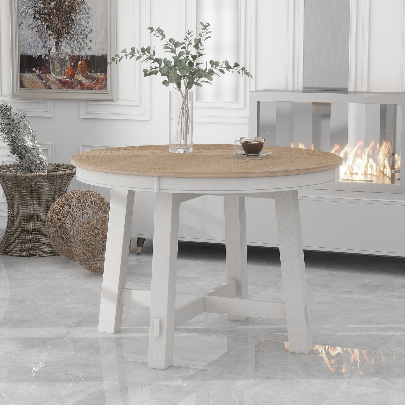 Blyssa Farmhouse Round Extendable Dining Table with 16" Leaf Wood Kitchen Table Oak Natural Wood + Antique White