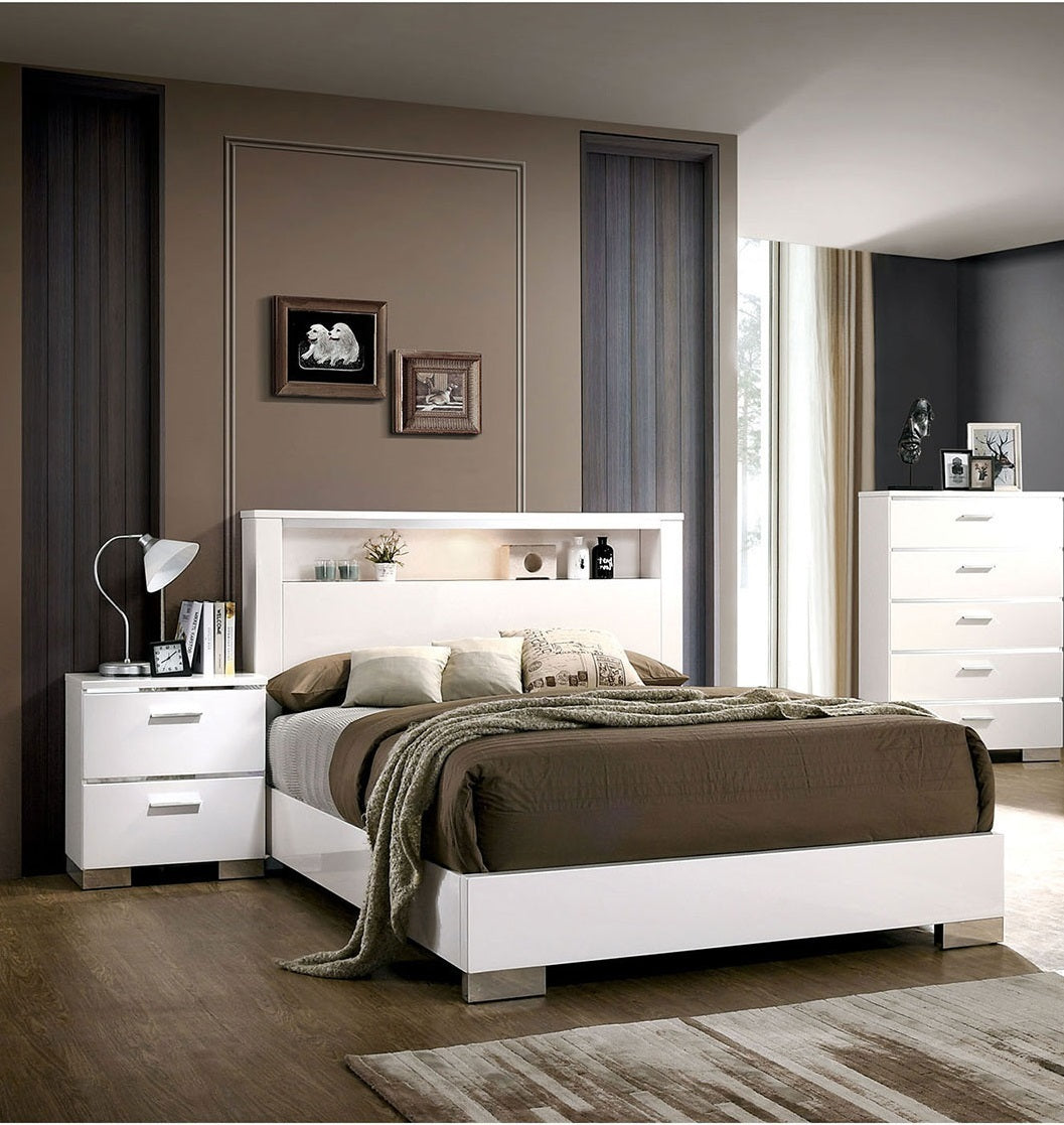 Carlie 2-Drawer Nightstand in White High Gloss Finish w- Silver Accents