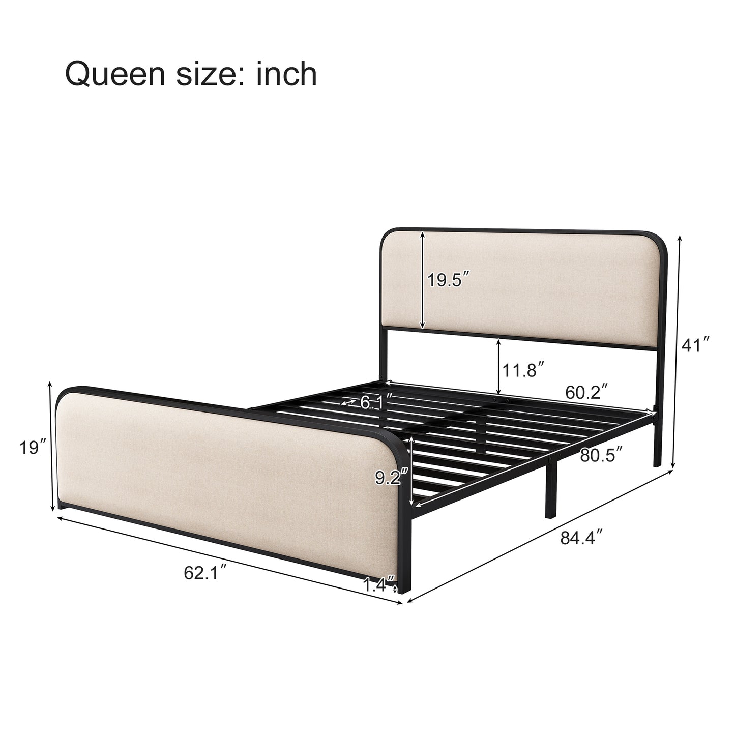 Liriel Modern Metal Frame Queen Bed with Upholstered Headboard & Footboard, Beige