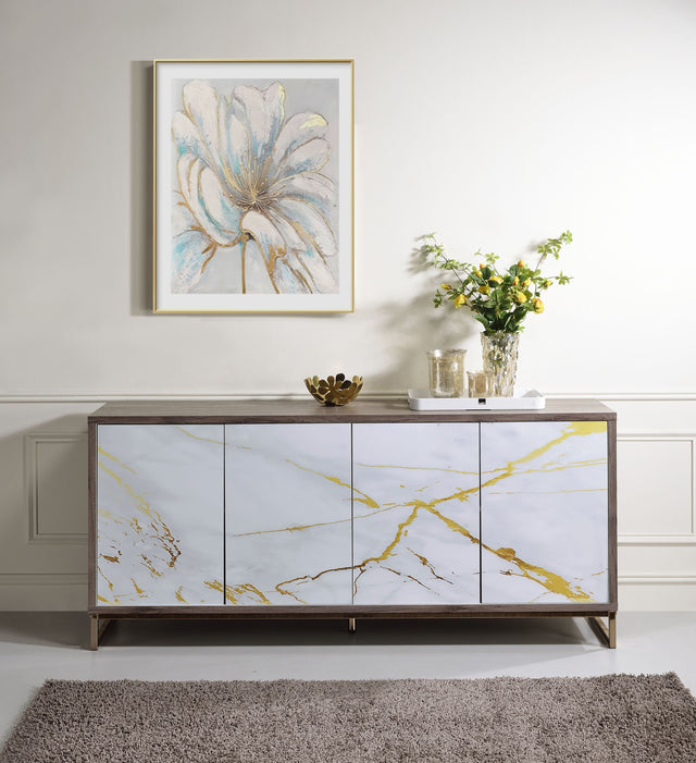 Paavan White Marble Paint Oak & Champagne Finish Console Cabinet