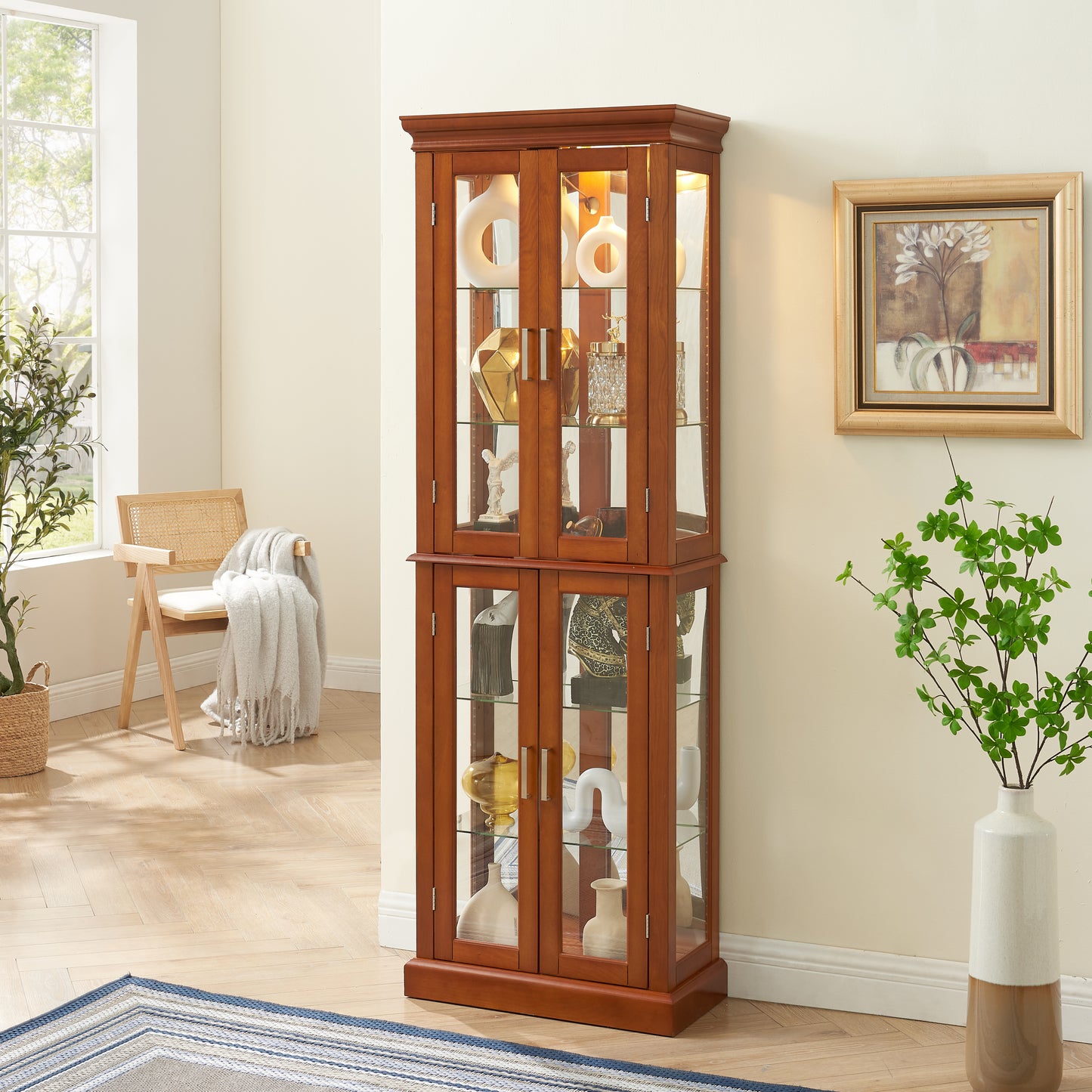 Harriet Transitional Wooden Curio Cabinet with Mirrored Back Panel, Walnut