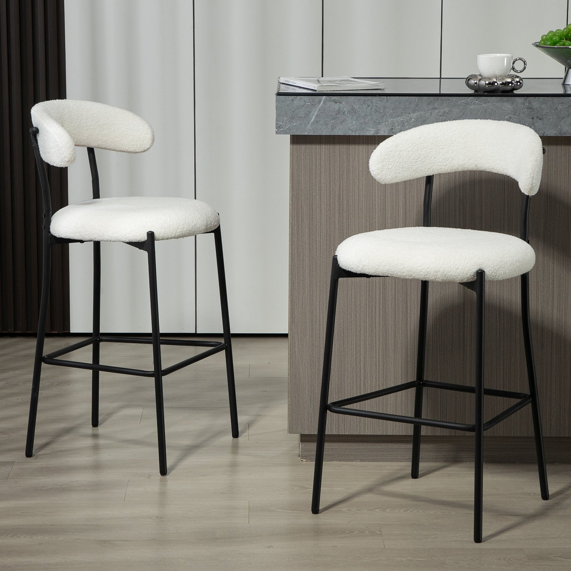 Modern Grey Teddy Fabric 26" Counter Height Bar Stool with Black Powder-Coated Base Set of 2 White