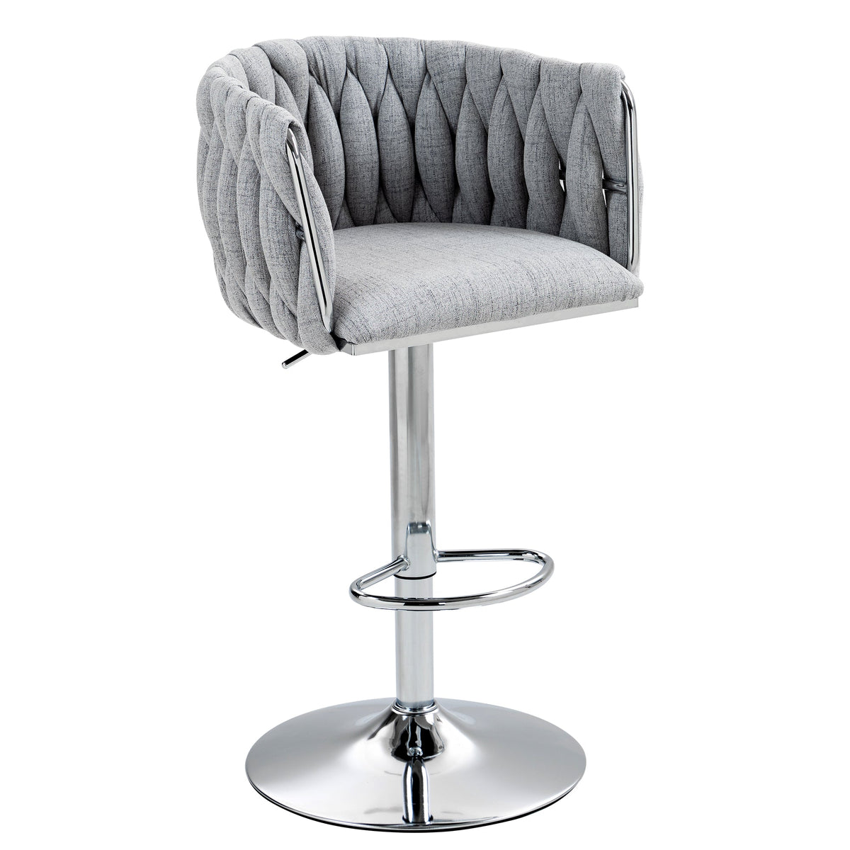 Stylish Gray Fabric 360 Swivel Bar Stools with Woven Back and Adjustable Height Set of 2 Grey