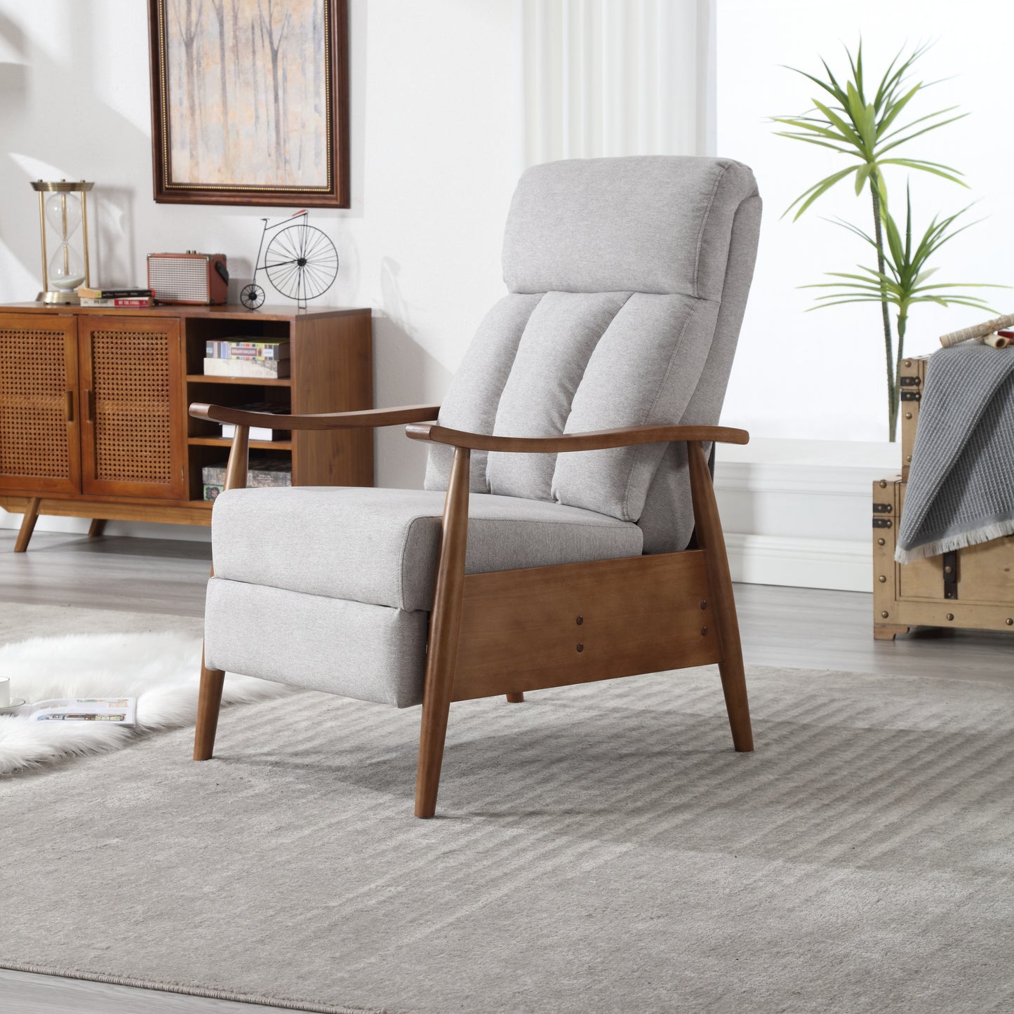 Asher Mid-Century Modern Lounge Chair with Wooden Frame - Light Gray