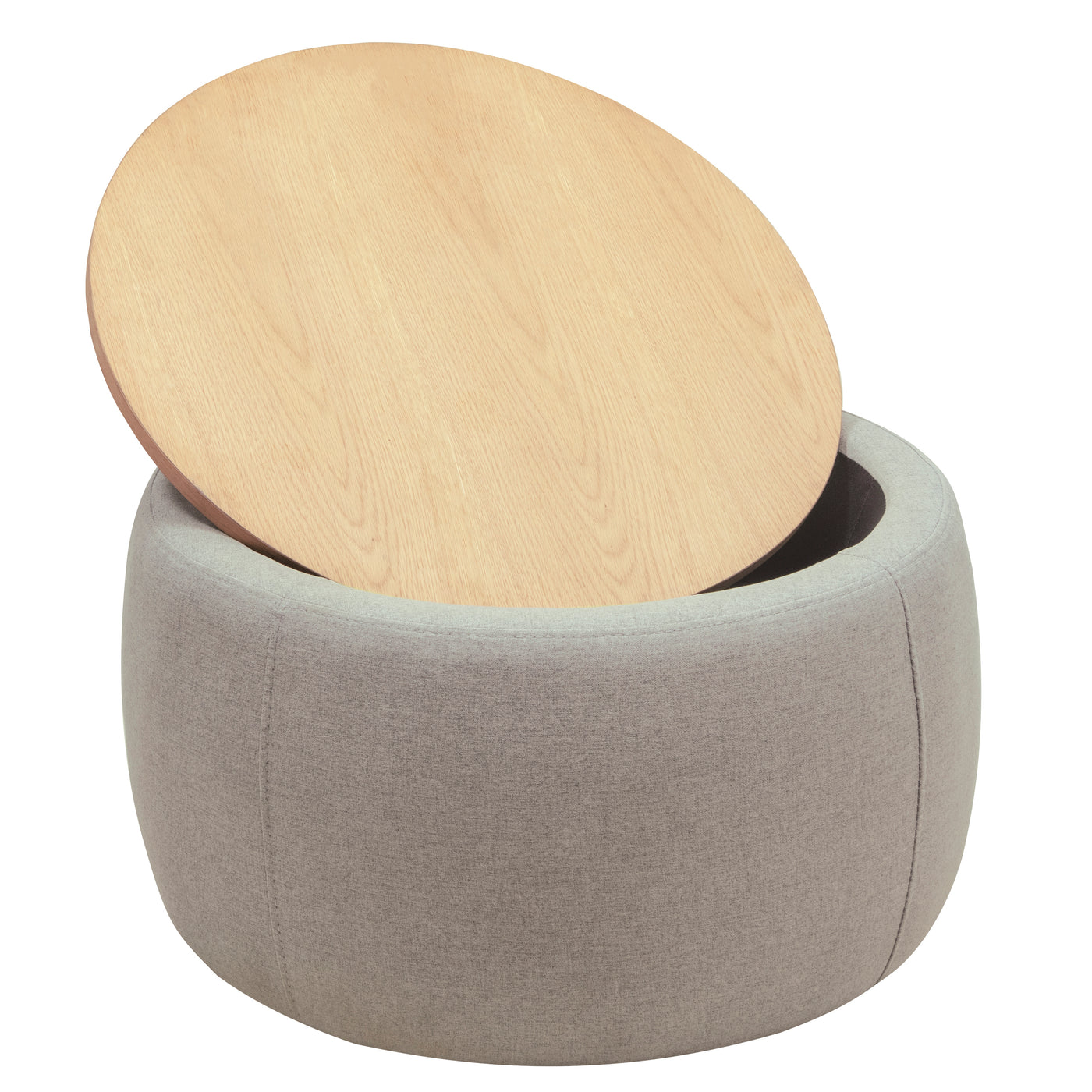 Jules Round Upholstered Storage Ottoman with Wooden Top, Gray