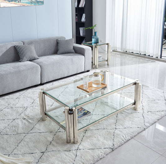 Cassius Modern Glass Top Coffee Table with Shelf, Silver
