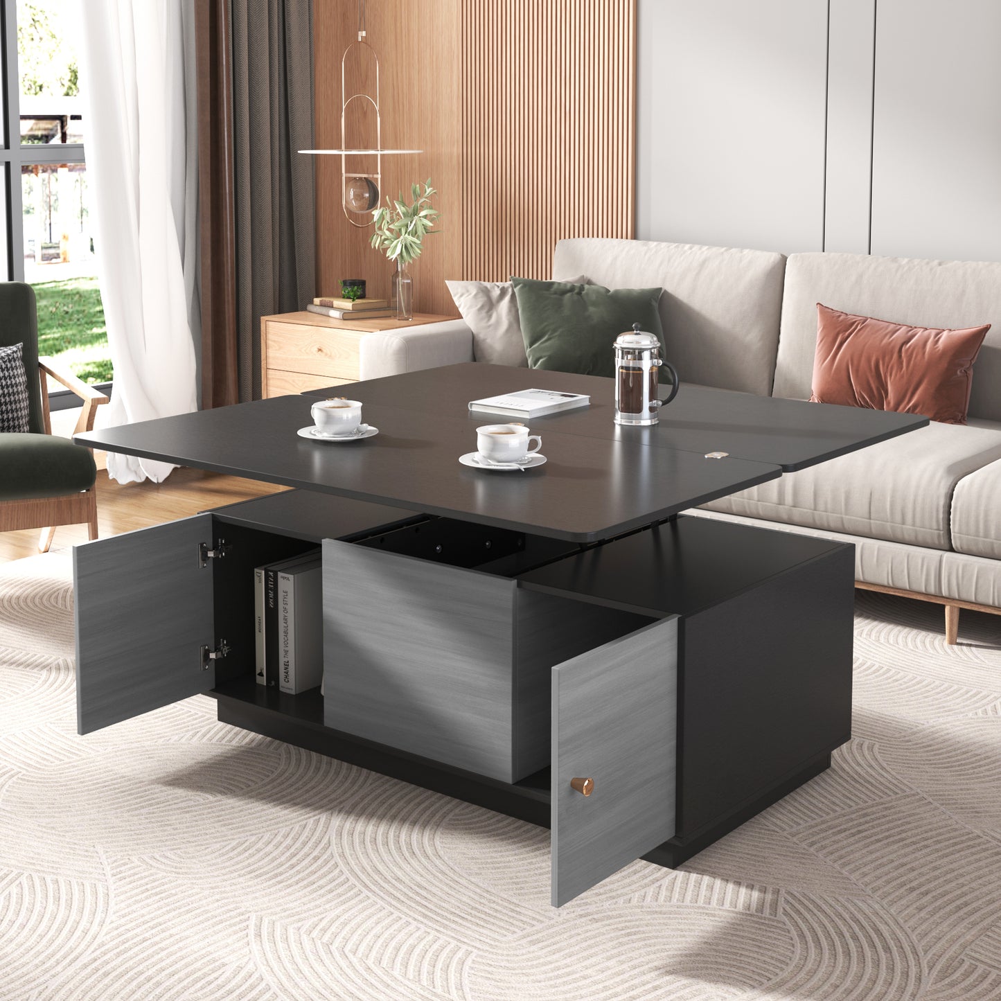 Thatcher Modern Gray Multi-functional Rectangle Lift-top Coffee Table Extendable with Storage