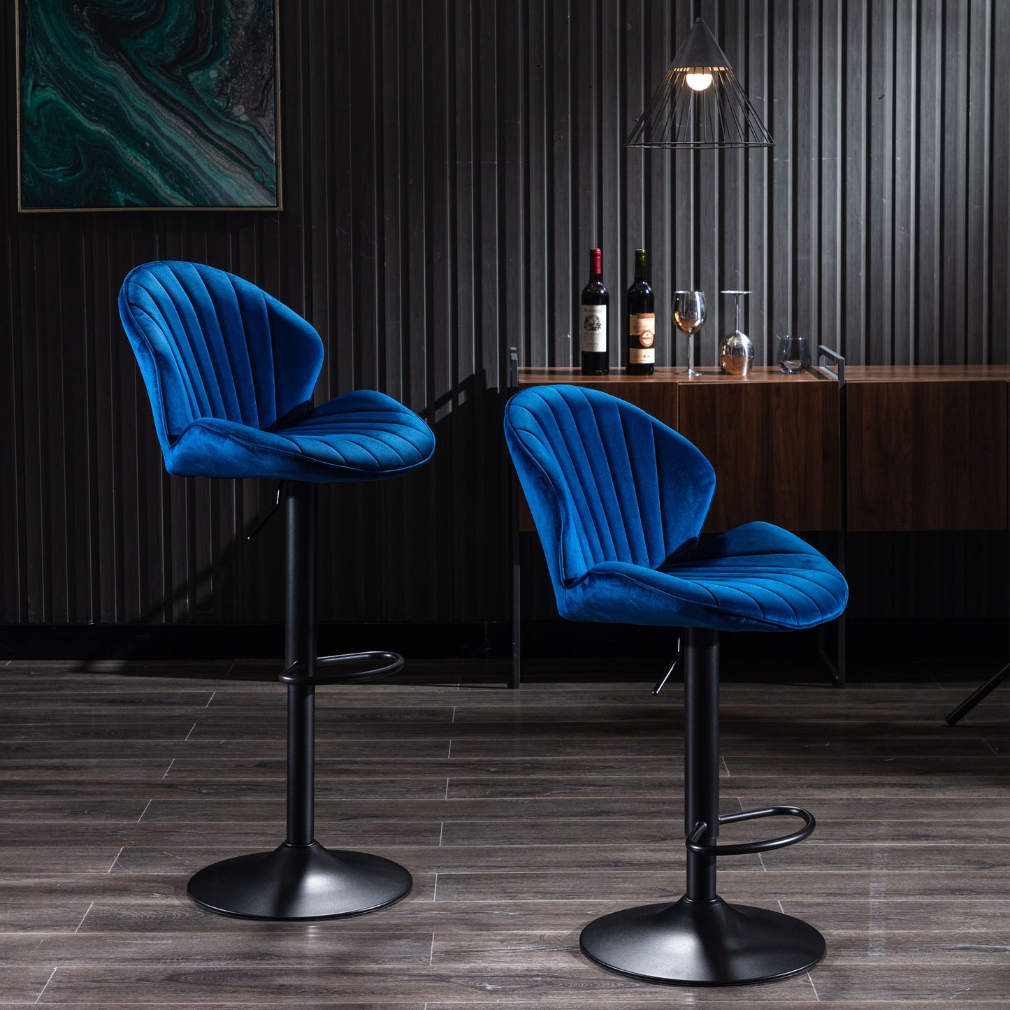 Jason Modern Adjustable Bar Stools with Black Base (Set of 2) - Blue