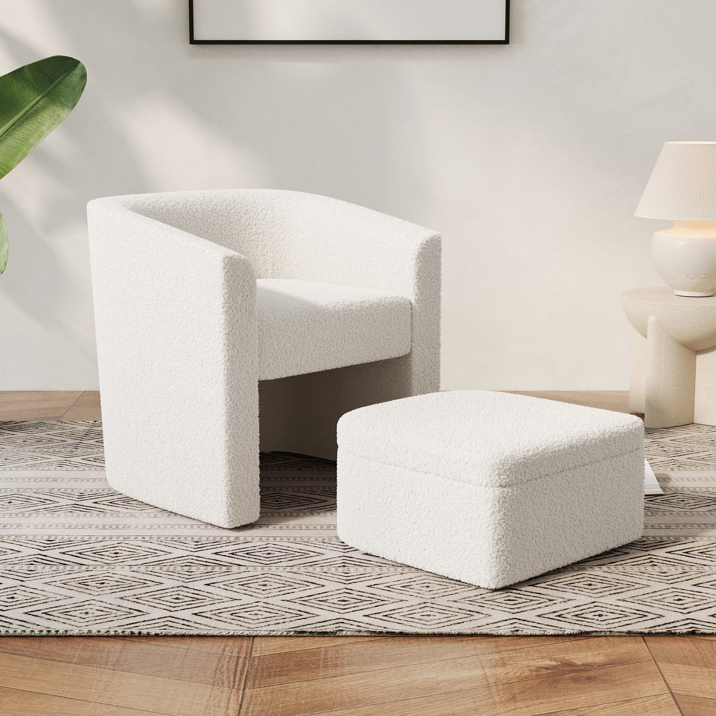 Cher Cream White Velvet Accent Chair & Ottoman Set