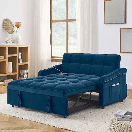 Zoe Velvet Loveseat Sofa Bed with Pockets & USB Charging, Blue