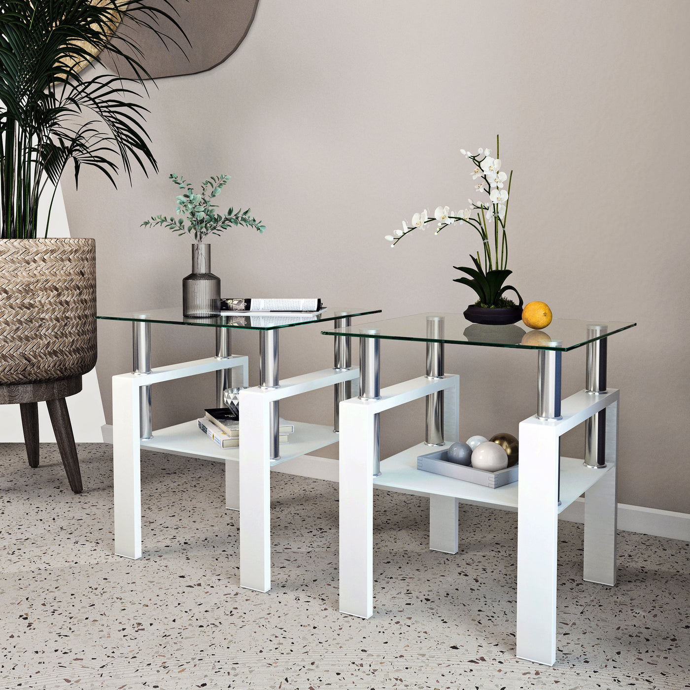 Melo Modern Glass Top Side Tables (Set of 2)