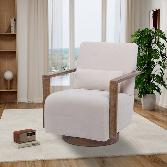 Tarren Linen Swivel Chair with Solid Wood Arms & Base - Beige