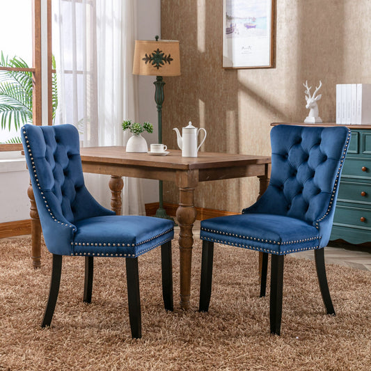 Niki Modern Velvet Side Chair with Nailhead Trim & Black Leg Set of 2 Blue