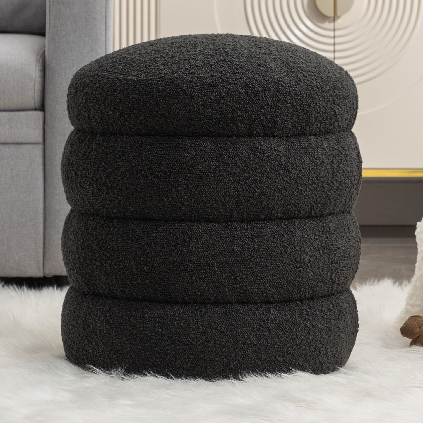 Blaise Round Boucle Upholstered Ottoman, Black