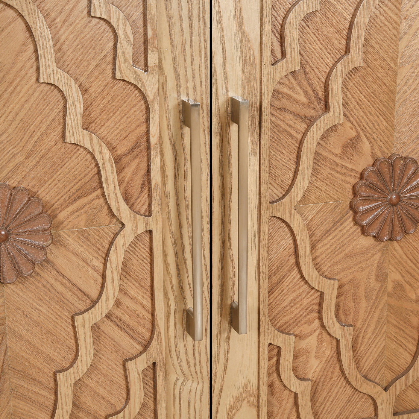 Natalie Carved Floral Door Large Storage Cabinet With Metal Handle, Natural
