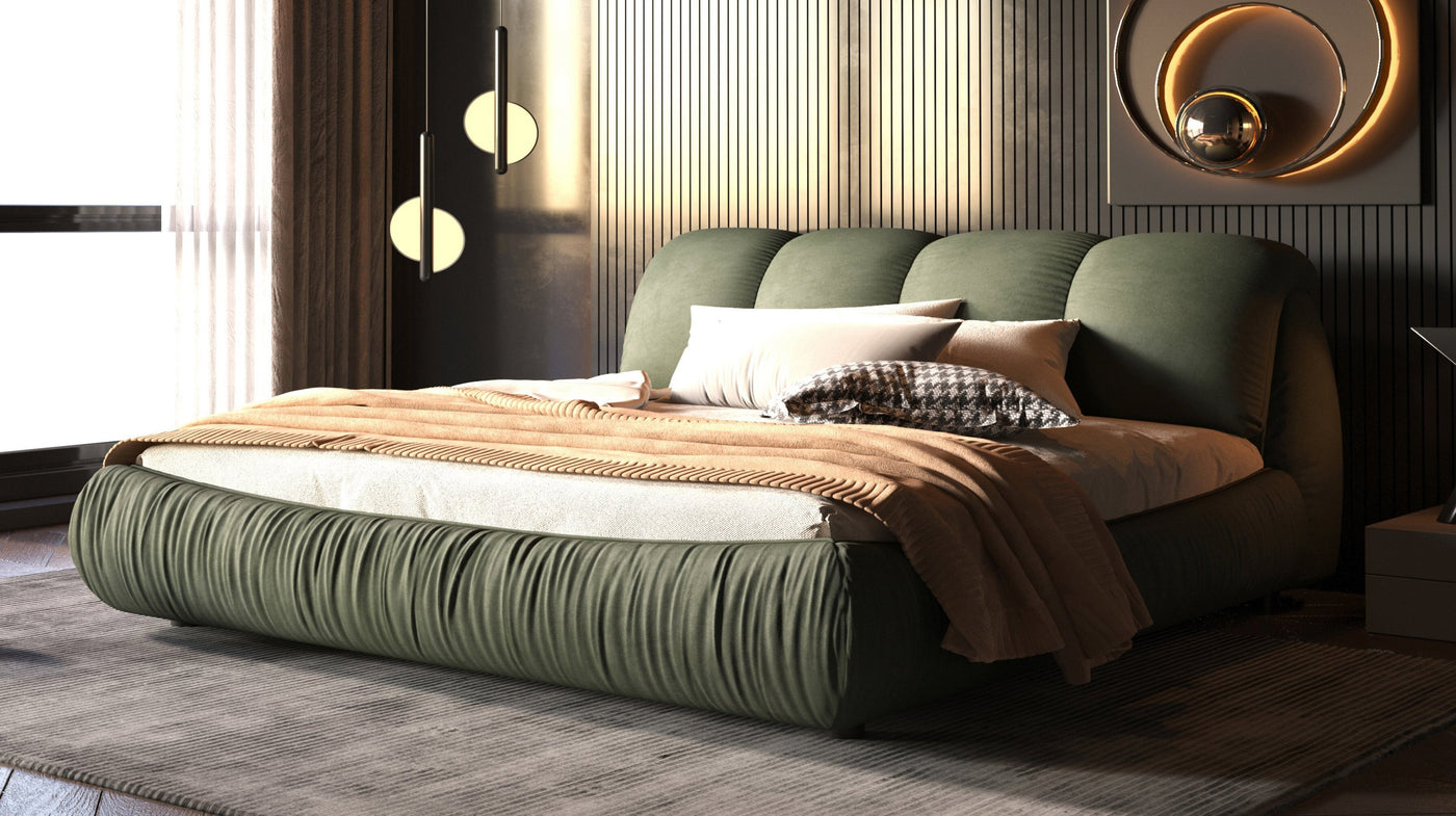 Calista Modern King Platform Bed with Oversized Padded Headboard, Green
