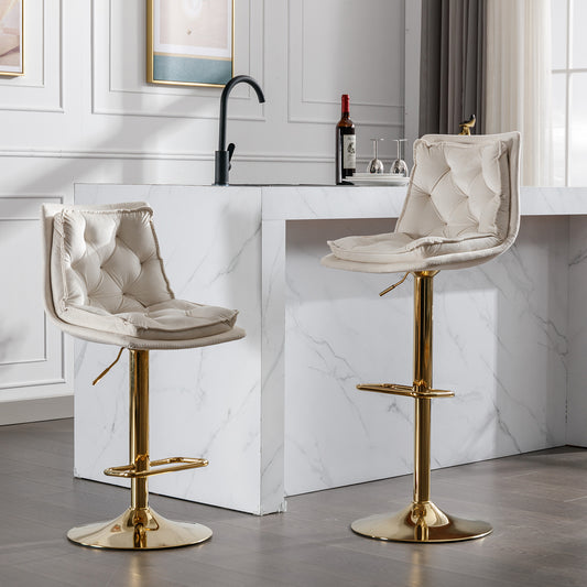 Lauren Adjustable Height Velvet Bar Stools with Gold Base - Cream