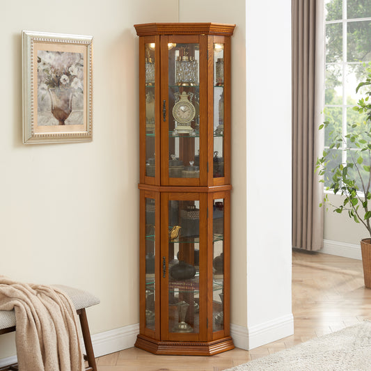 Edith Traditional Corner Curio Cabinet with Mirrored Back, Oak