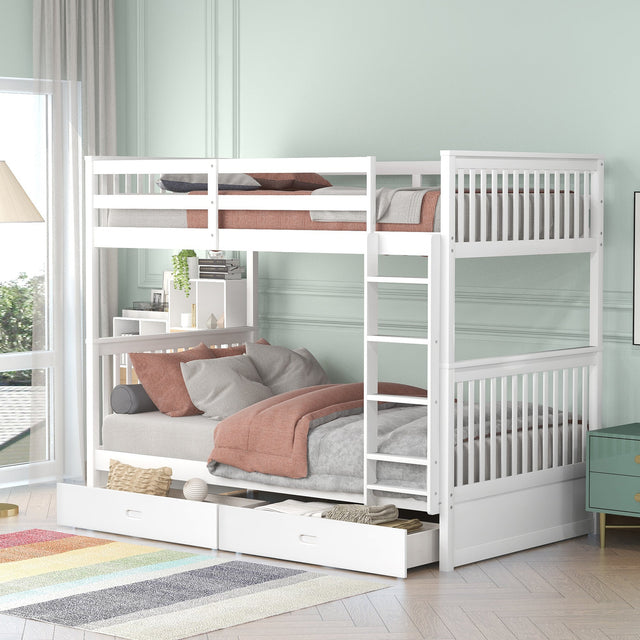 Larkspur Twin-Over-Twin Bunk Bed with Ladders and Two Storage Drawers (White)