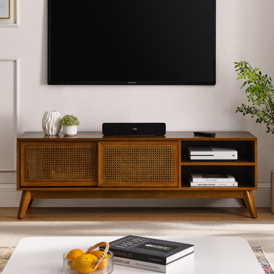 Barker 59 Inch Mid Century Modern Rattan TV Stand - Walnut