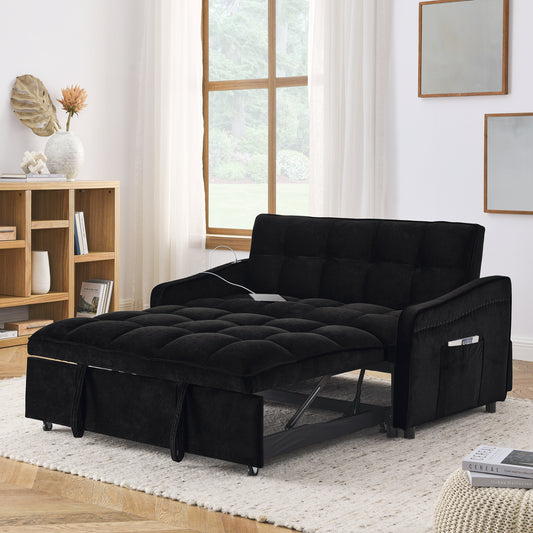 Zoe Velvet Loveseat Sofa Bed with Pockets & USB Charging, Black