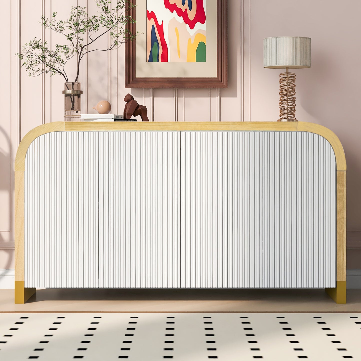 Atticus Modern 4-Door Wave Design Cabinet - White & Natural