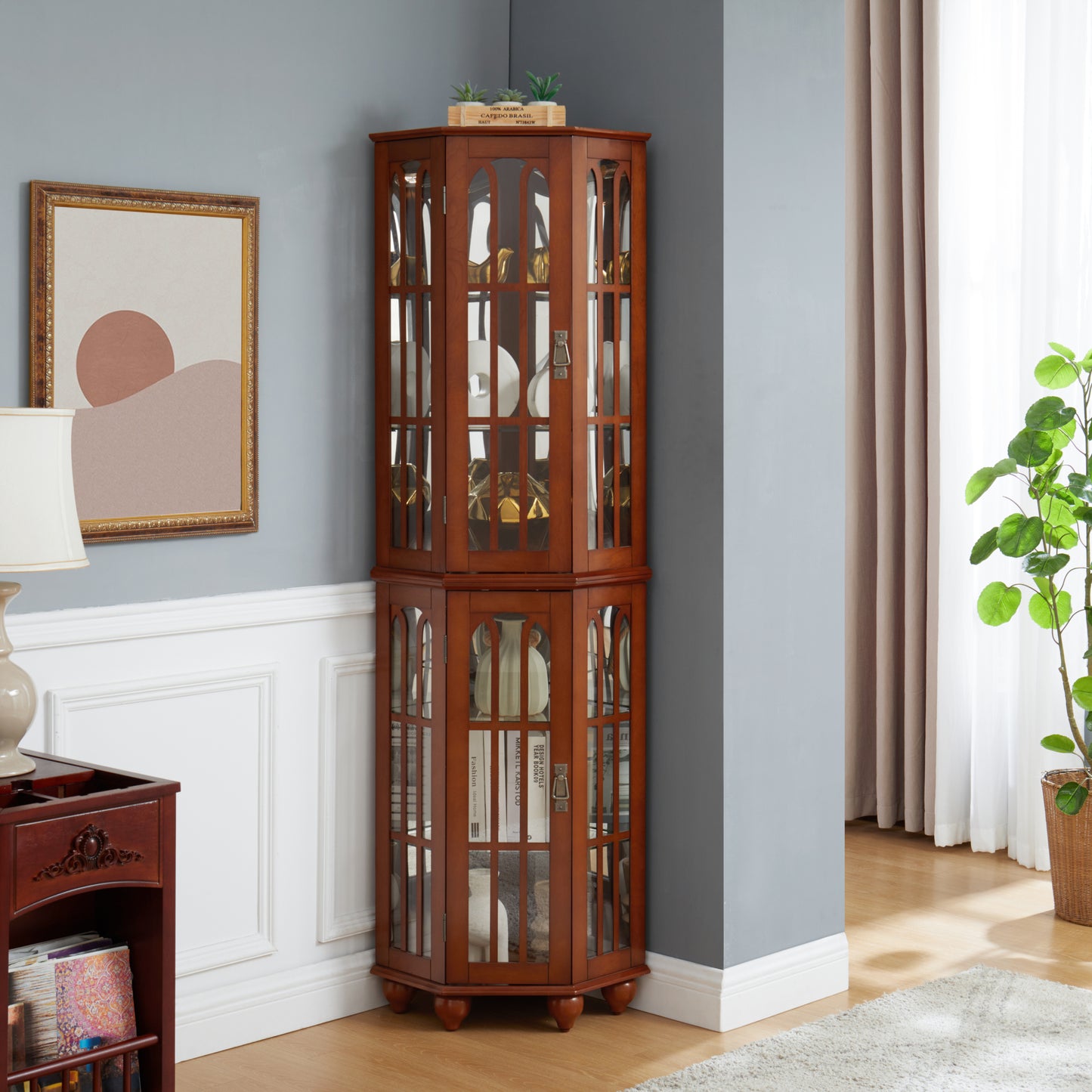 Connie Corner Curio Cabinet with 4 Adjustable Tempered Glass Shelves, Walnut