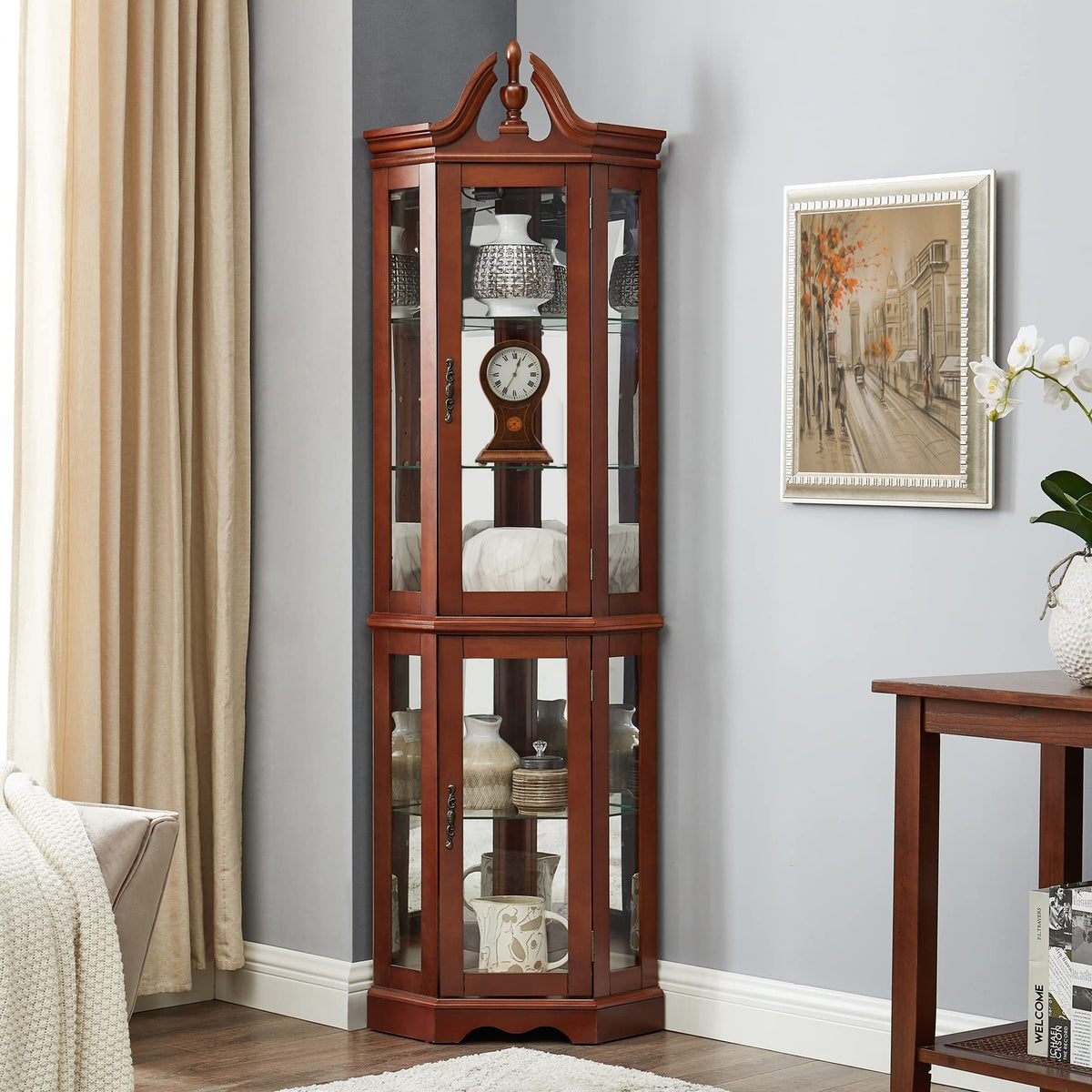 Agatha Traditional Curio with Adjustable Shelves & Mirror Back, Walnut