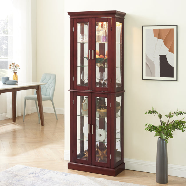 Harriet Transitional Wooden Curio Cabinet with Mirrored Back Panel, Cherry