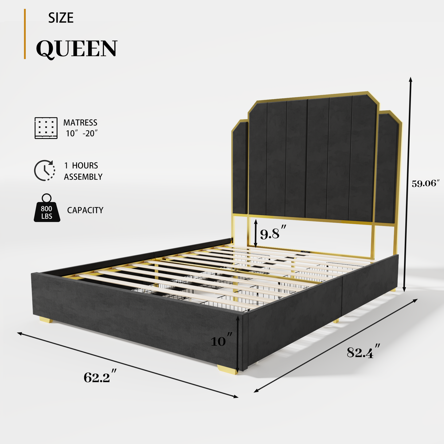 Amaryllis Modern Velvet & Metal Platform Bed, Black & Gold