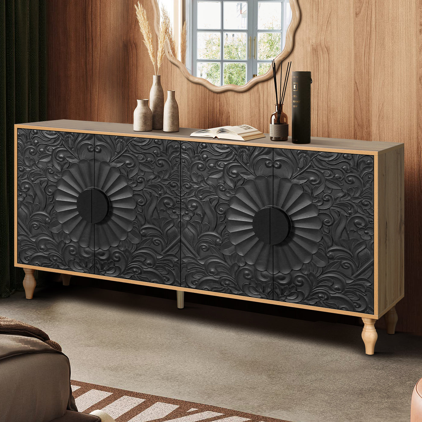 Finian Large Faceted Carved 4-Door Cabinet in Vintage Black & Natural