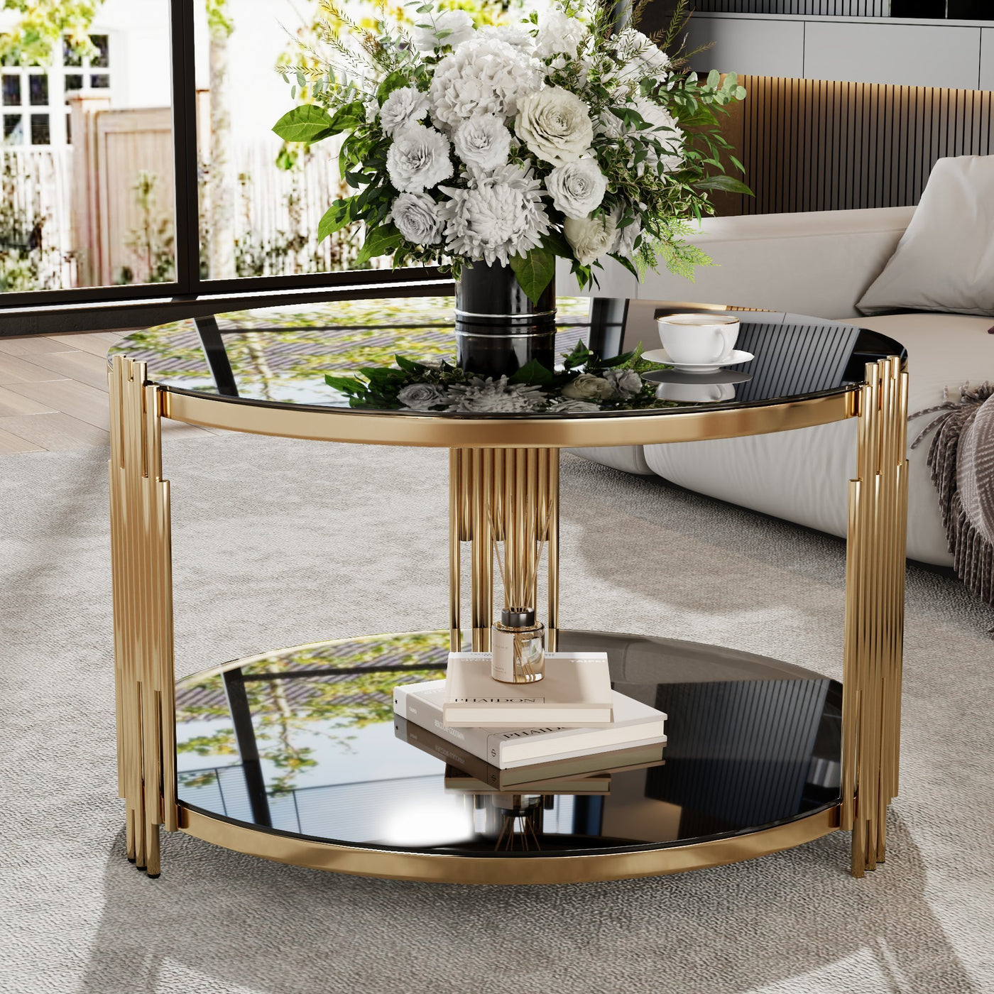 Clover Modern Black Mirror Top Coffee Table with Gold Frame