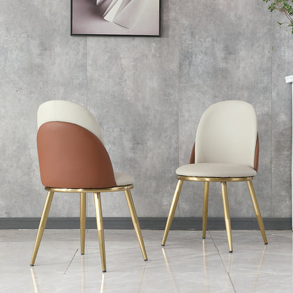 Ambria Modern PU Leather Side Chairs in Beige & Brown with Golden Legs