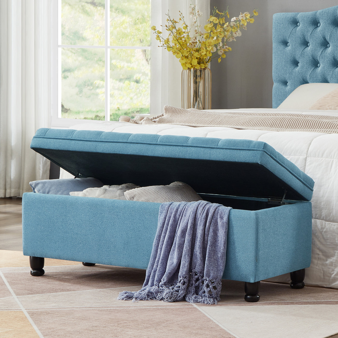 Sandy Tufted Linen Storage Ottoman with Black Legs