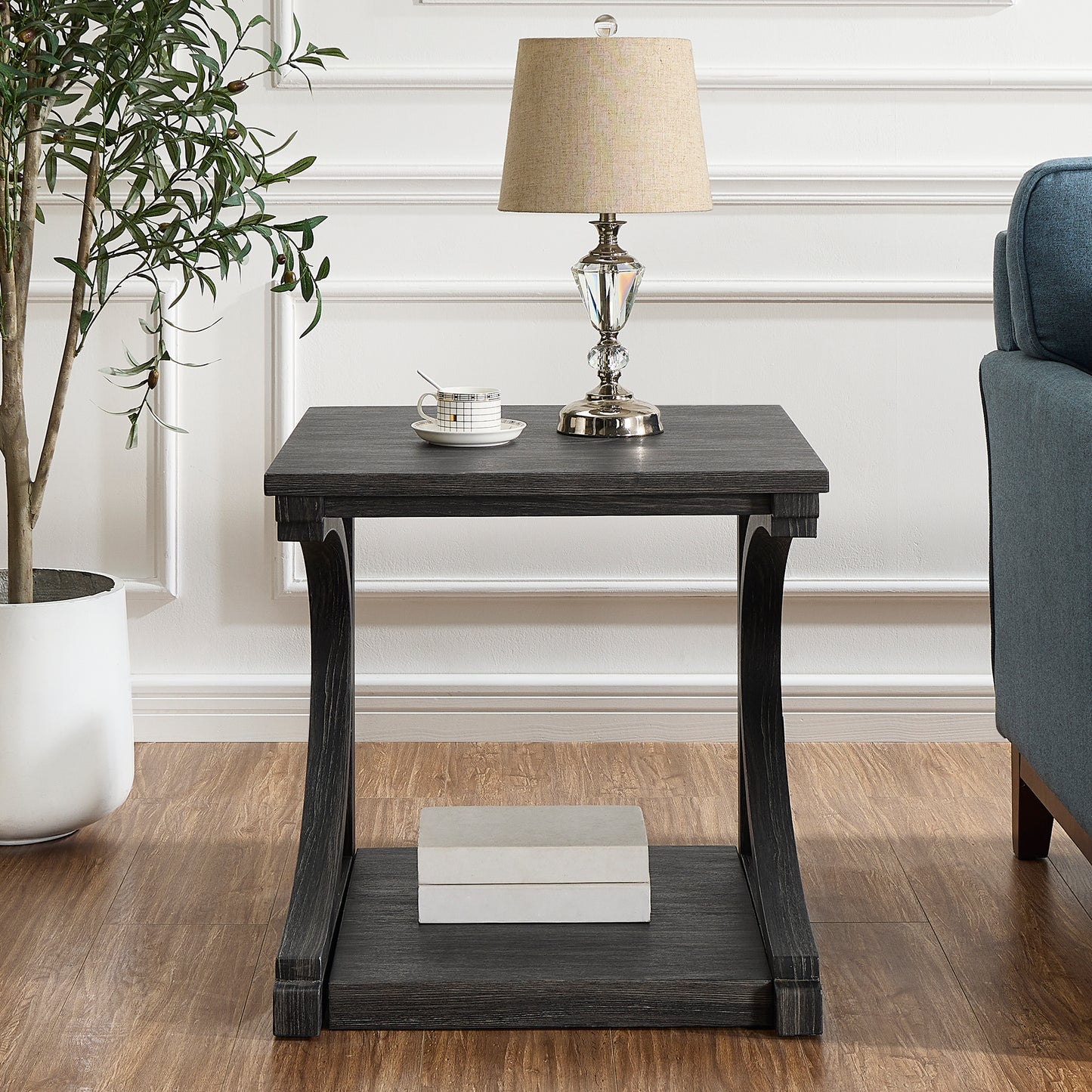 Cassian Unique Solid Wood Side Table,Black