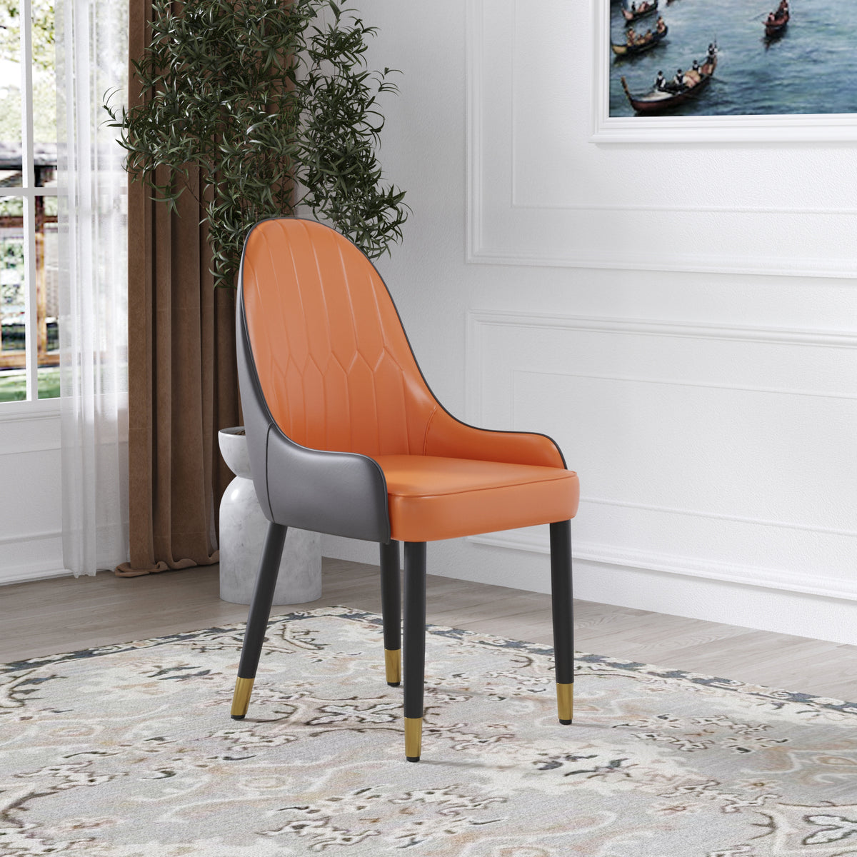 Appleton PU Leather Dining Side Chairs with Gold Tipped Legs (Set of 2) Orange & Dark Brown
