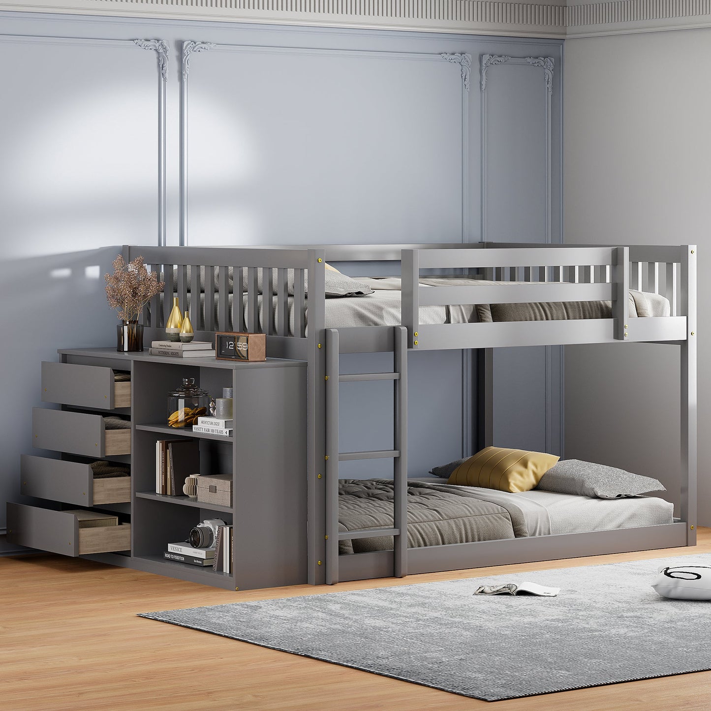 Rachel Full over Full Bunk Bed with 4 Drawers and 3 Shelves-Gray
