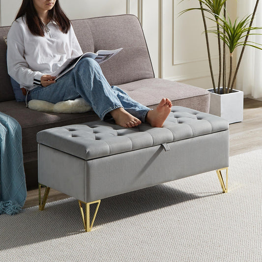 Maddison Gray Storage Ottoman with Golden Legs
