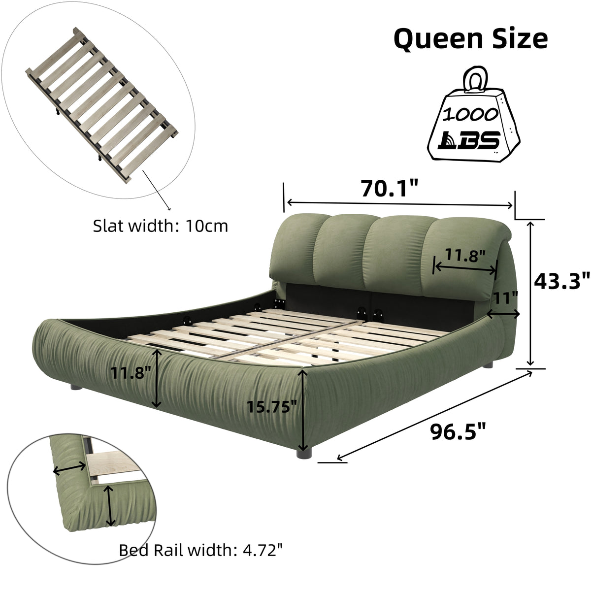 Calista Queen Platform Bed with Oversize Padded Headboard, Green