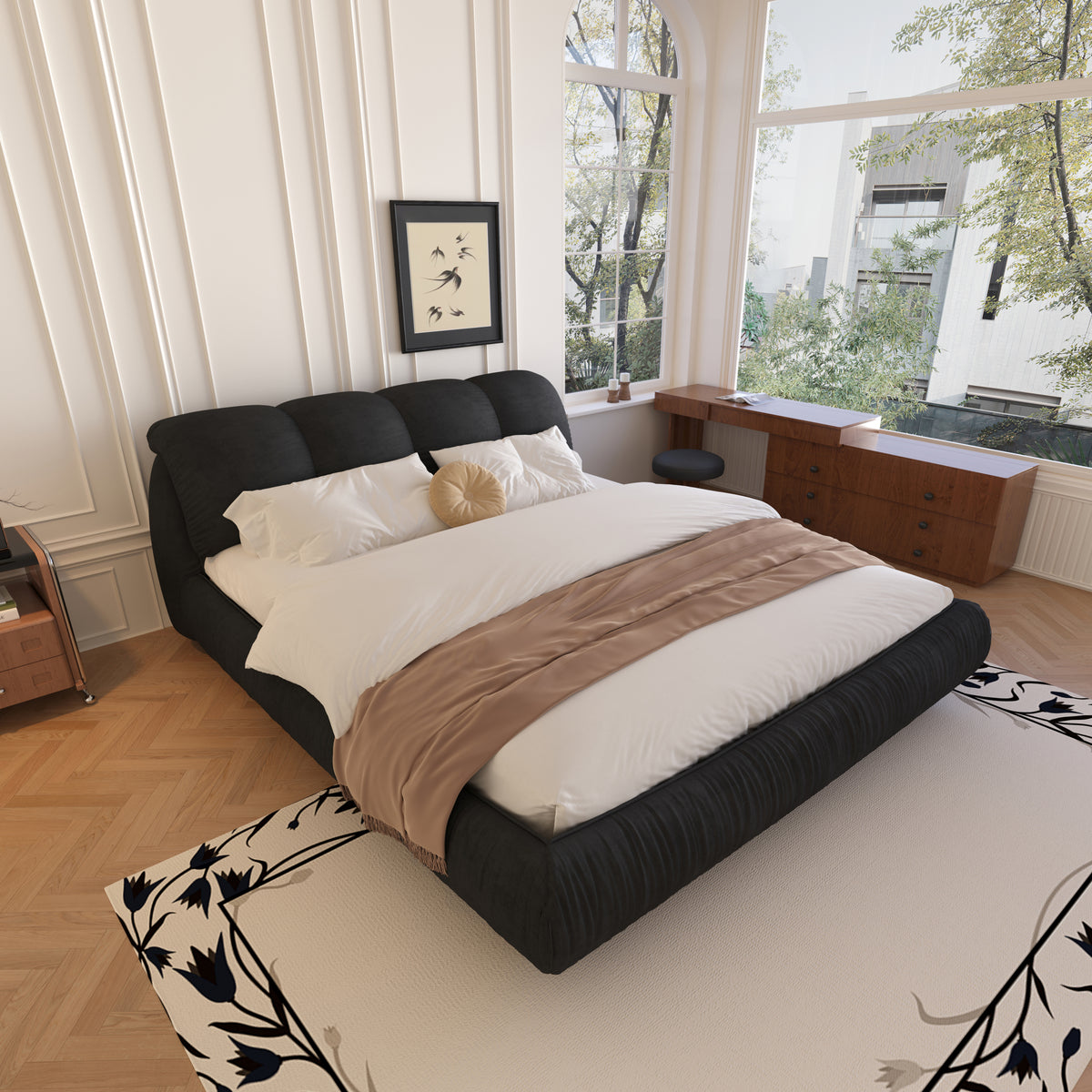 Calista King Platform Bed with Oversize Padded Headboard, Black